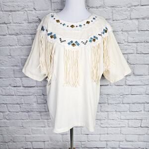 Vintage RISKY Brand Cream Western Short SleeveTop Fringe Blue Embellished Sz M